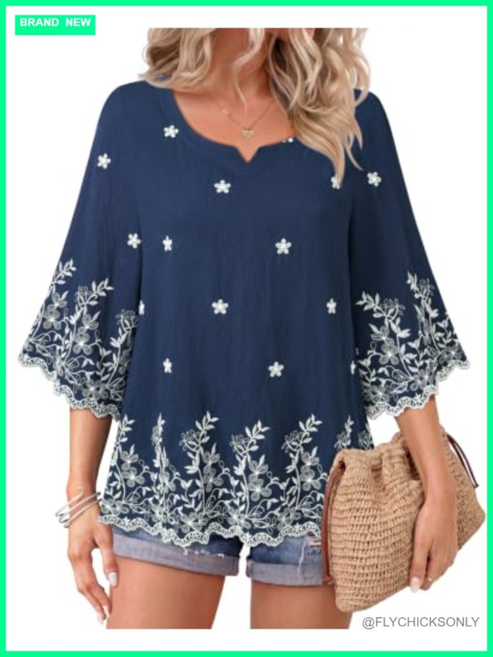 Boho Embroidered Linen Tunic Top 3/4 Bell Sleeve Scalloped Hem V-Neck